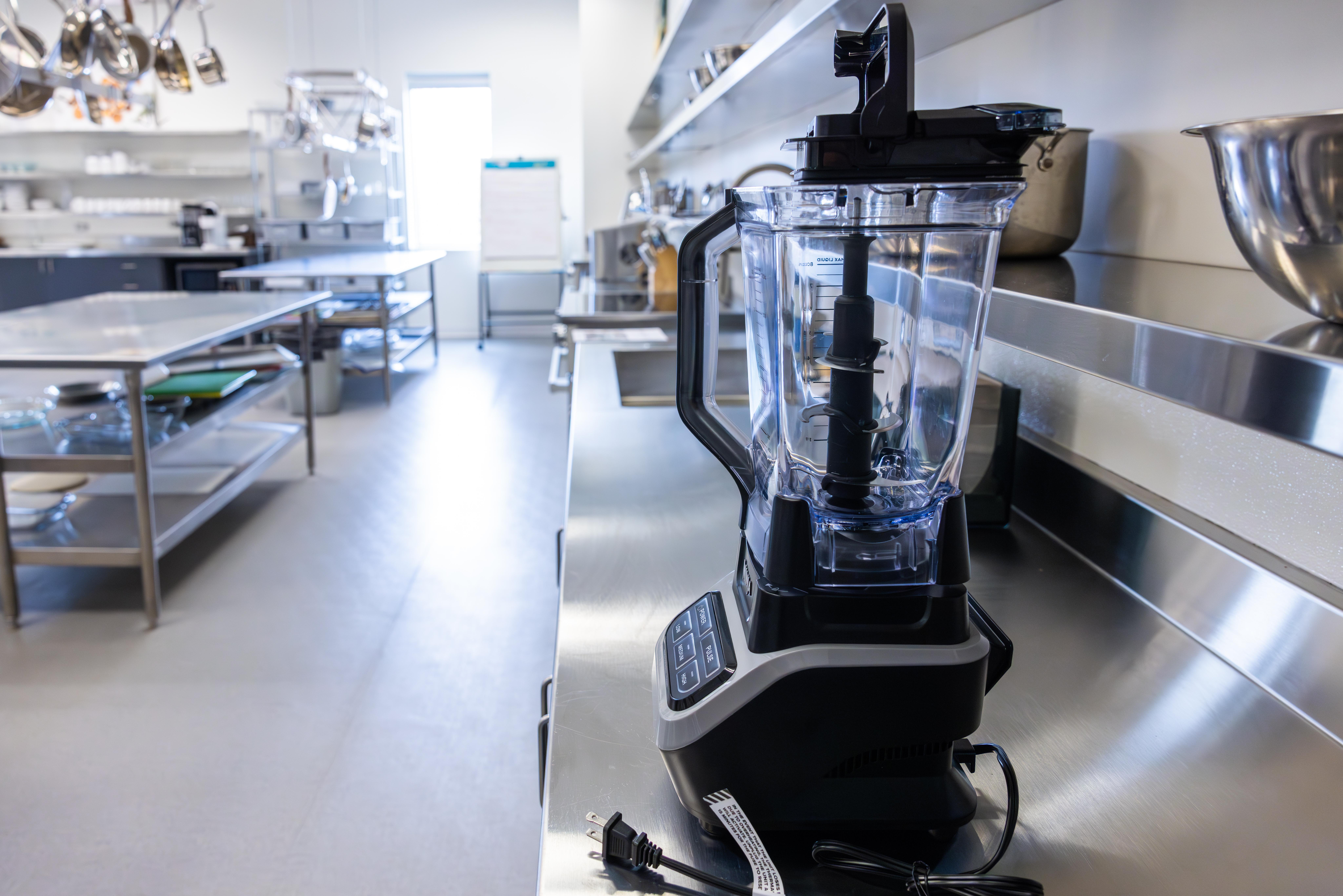 Close up of blender on stainless steel counter in the Nutrition Lab at Harper