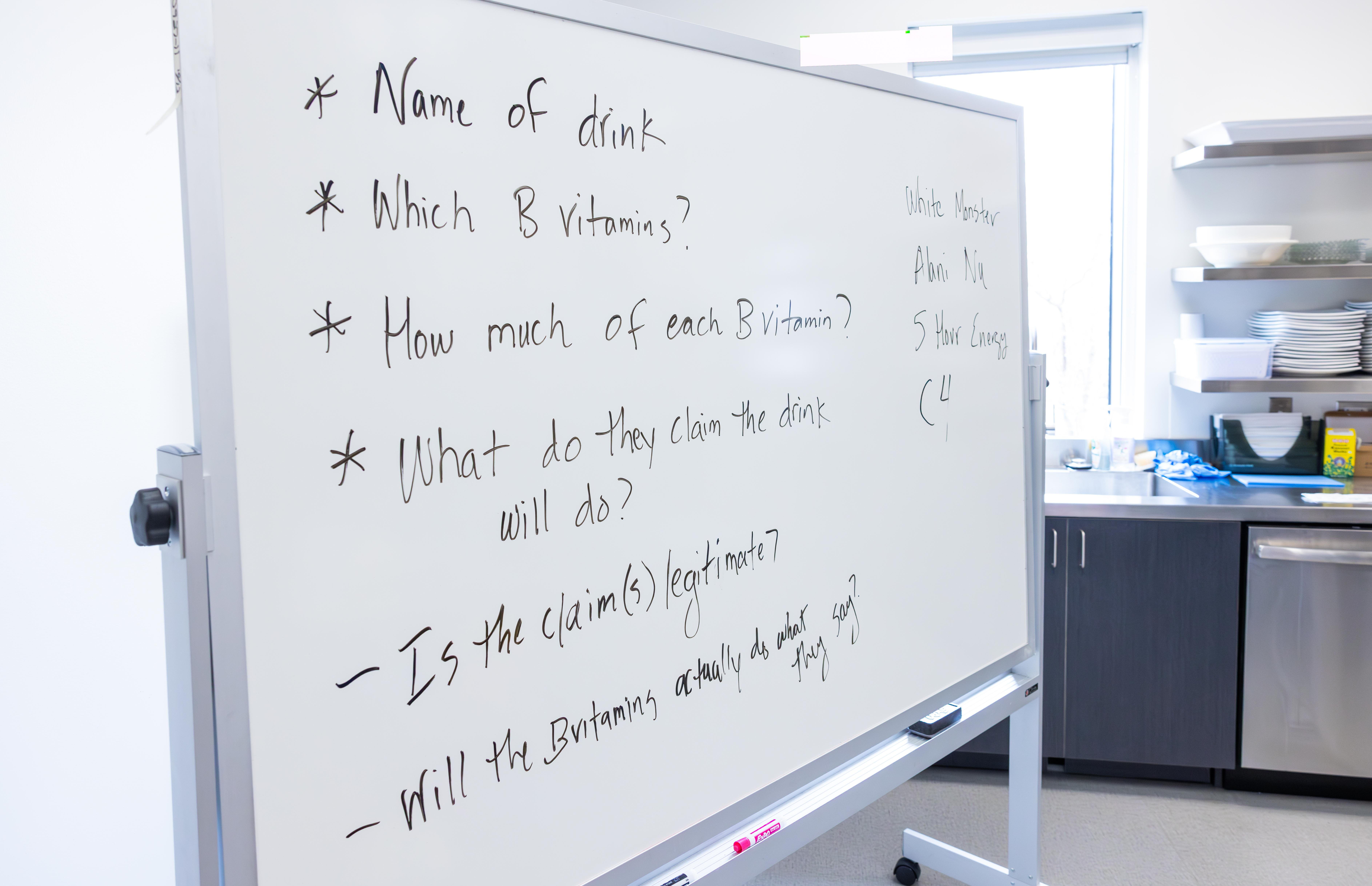 A white board lists discussion questions for Dietetic Internship and Nutrition students