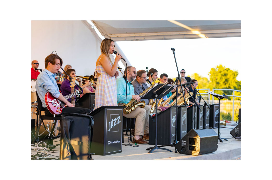 A woman in a pink checked dress sings with the jazz ensemble