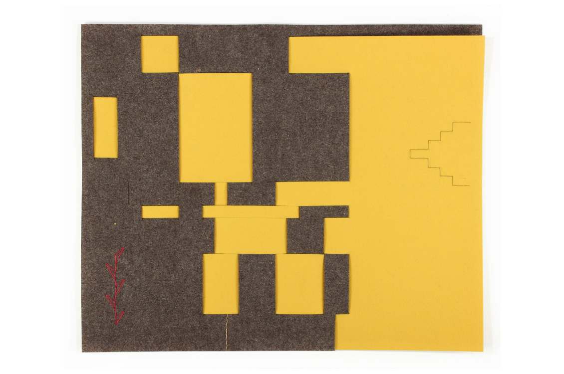 Two pieces of felt, one gray, one yellow, woven together in abstract geometrical patterns.  Decorative stitching in red and black on either side.